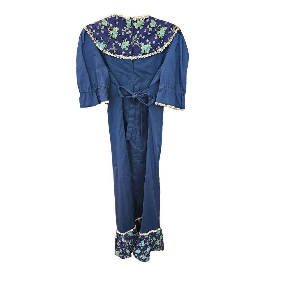 Vintage Smocked Beautiful Prairie Blue Dress with Floral & Lace Trim Handmade